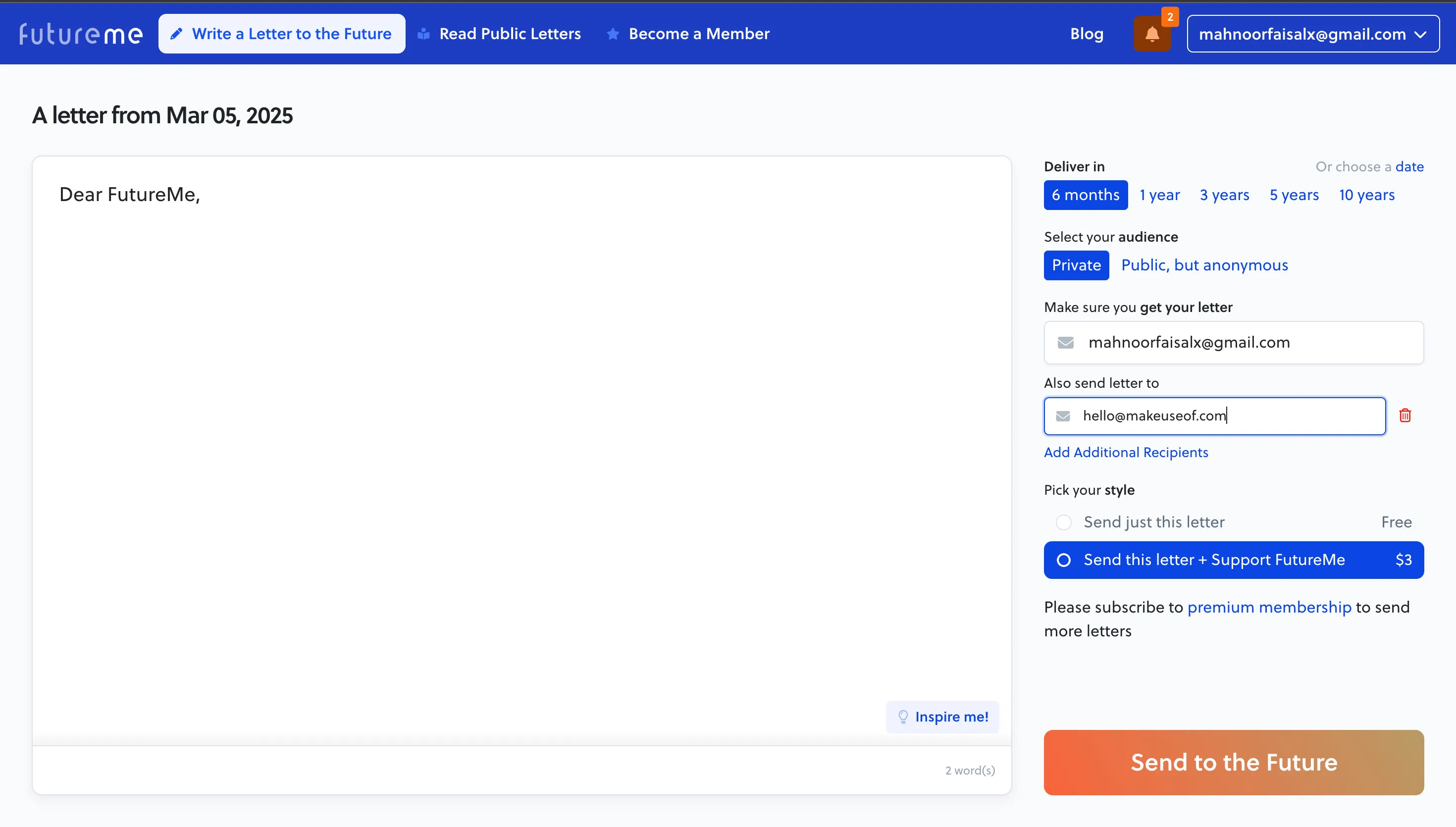 Màn hình soạn thư trên FutureMe với tùy chọn thêm người nhận email và các cài đặt khác.