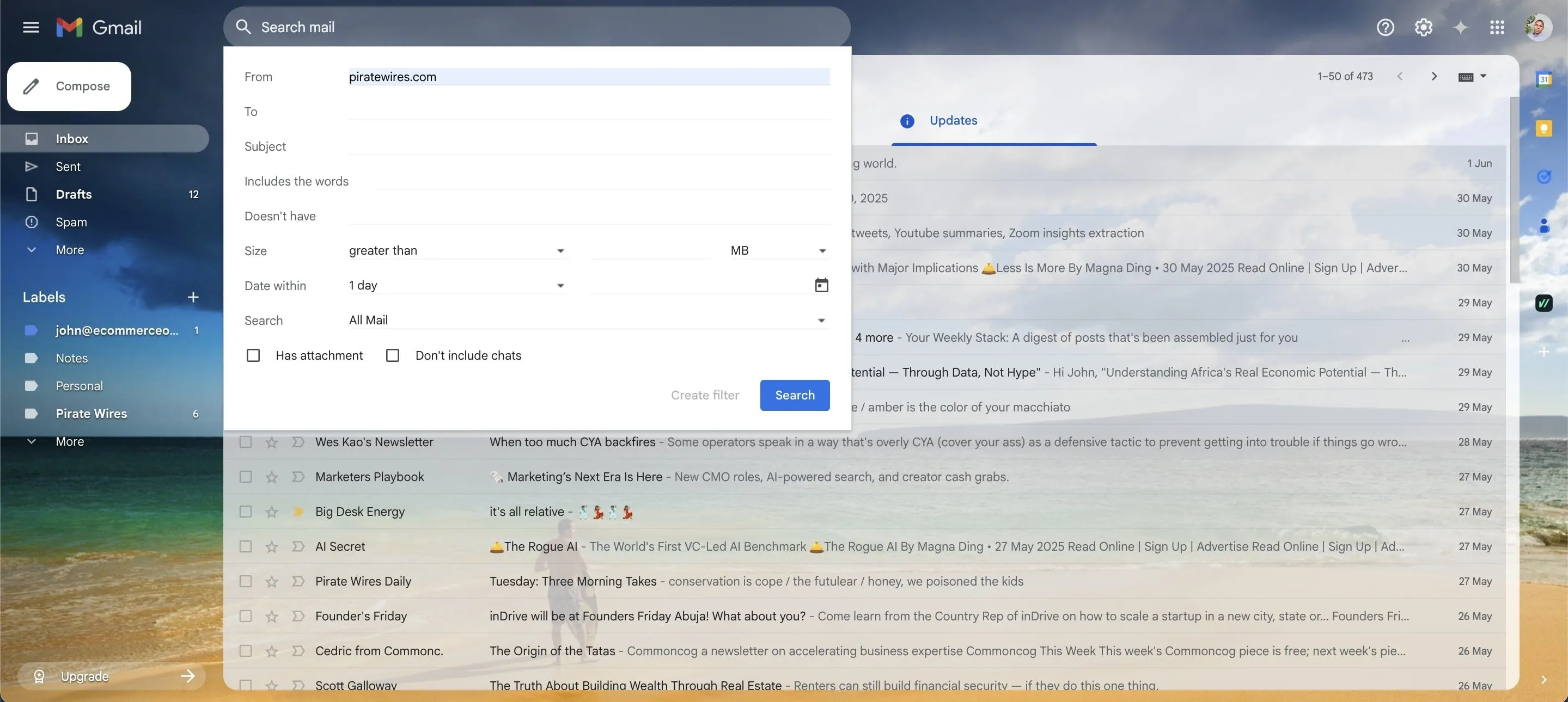 Màn hình tạo bộ lọc nâng cao trên Gmail với các tùy chọn tìm kiếm và hành động