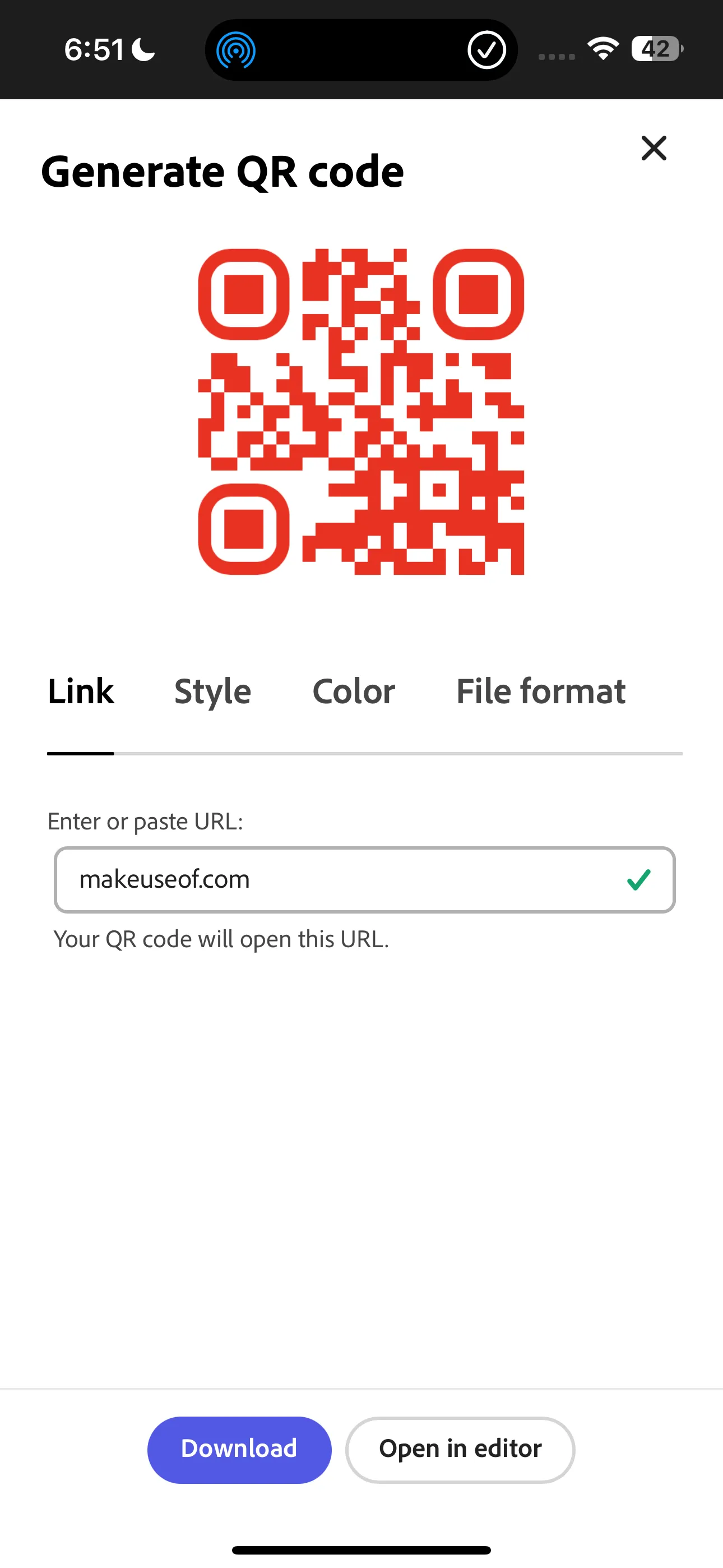 Màn hình tạo mã QR code trong Adobe Express với liên kết trang web