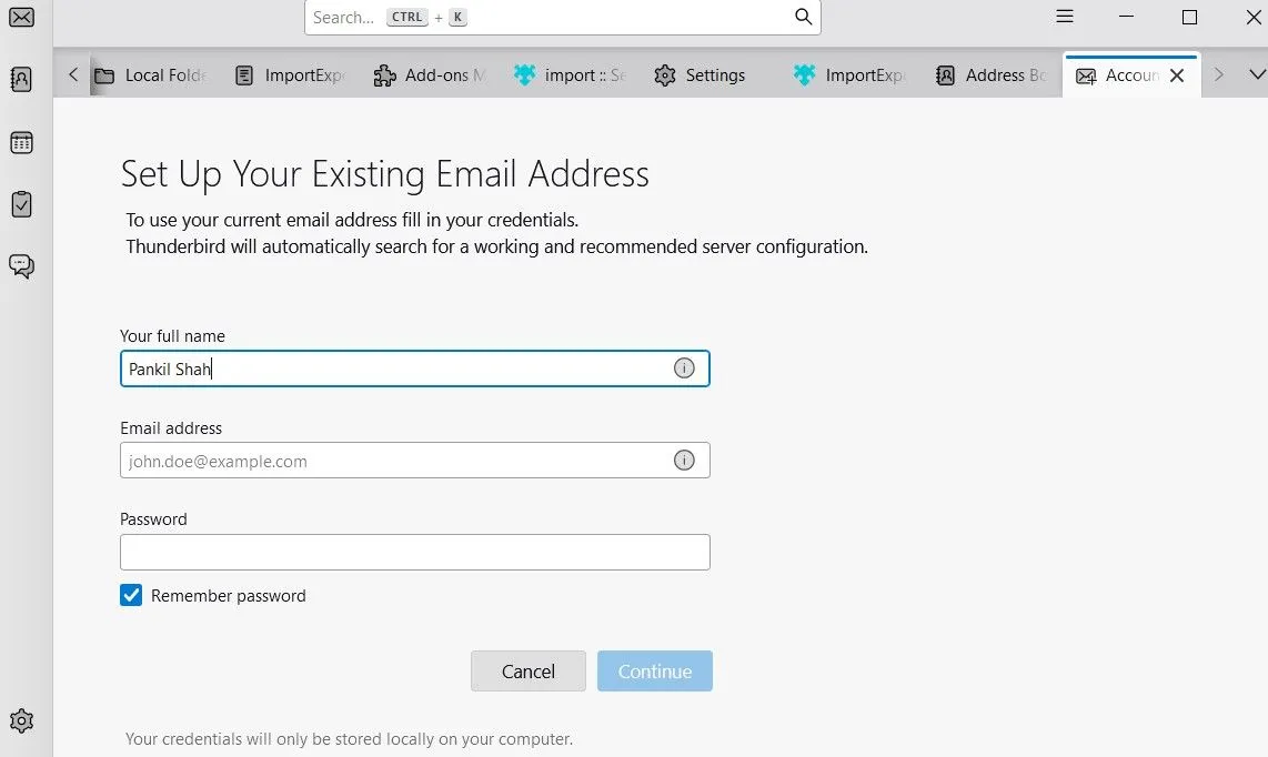 Màn hình &quot;Thiết lập tài khoản&quot; của ứng dụng Thunderbird khi thêm tài khoản email mới