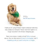 Màn hình thông báo "Inspire không còn khả dụng" của Amazon với chú chó Milly