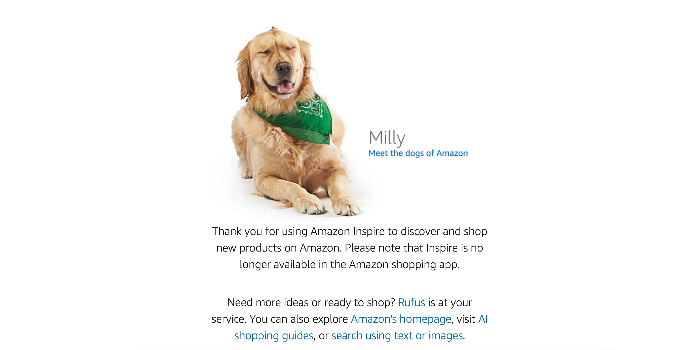 Màn hình thông báo "Inspire không còn khả dụng" của Amazon với chú chó Milly