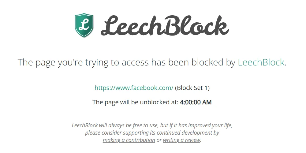 Màn hình thông báo khi trang web bị chặn bởi LeechBlock trong Google Chrome