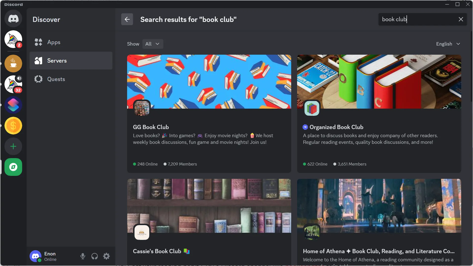 Màn hình tìm kiếm máy chủ Discord hiển thị kết quả cho từ khóa 'book club'