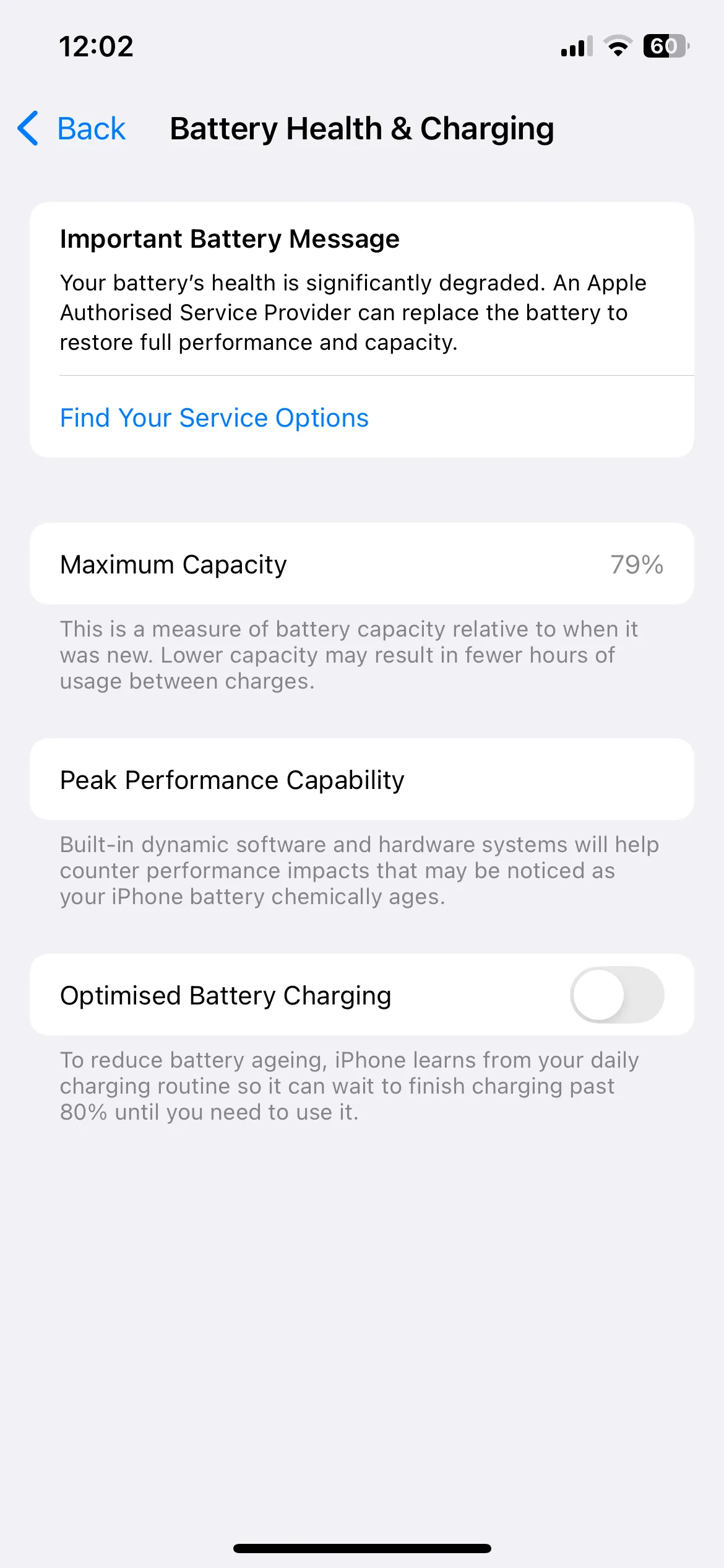 Màn hình Tình trạng pin iPhone hiển thị Dung lượng tối đa