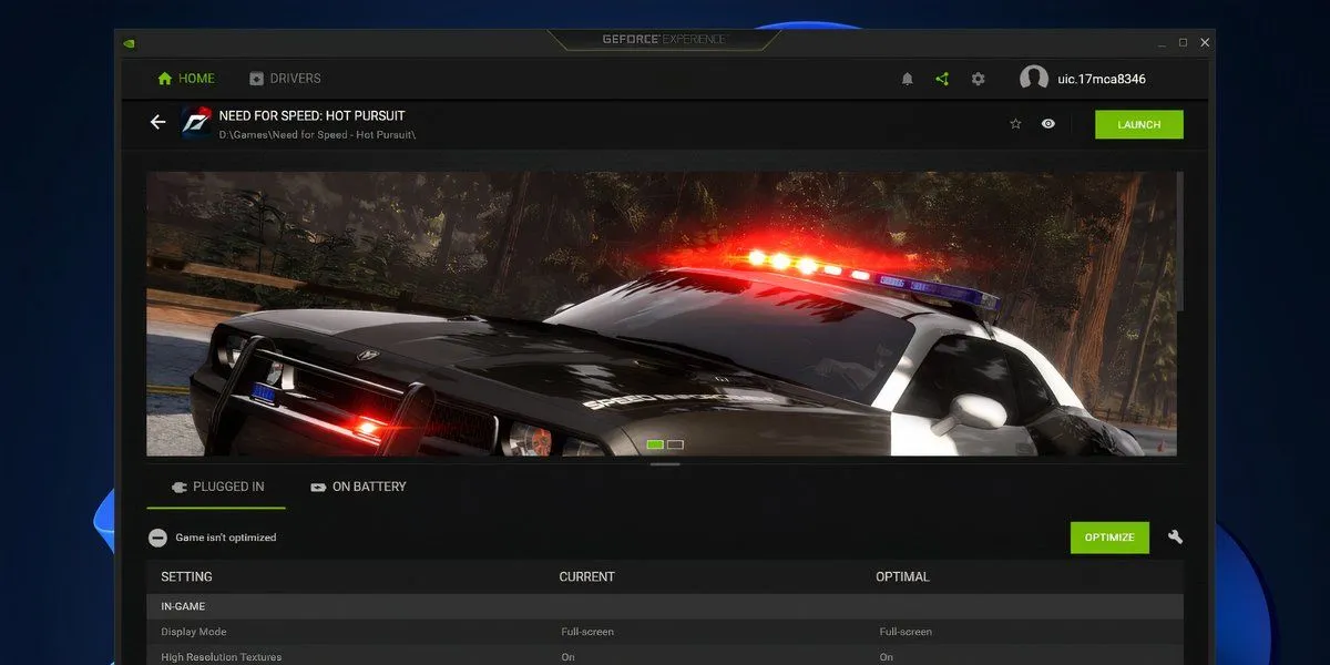 Màn hình tối ưu hóa game trong ứng dụng NVIDIA GeForce Experience trên Windows 11, hiển thị các tùy chọn cài đặt đồ họa cho game.