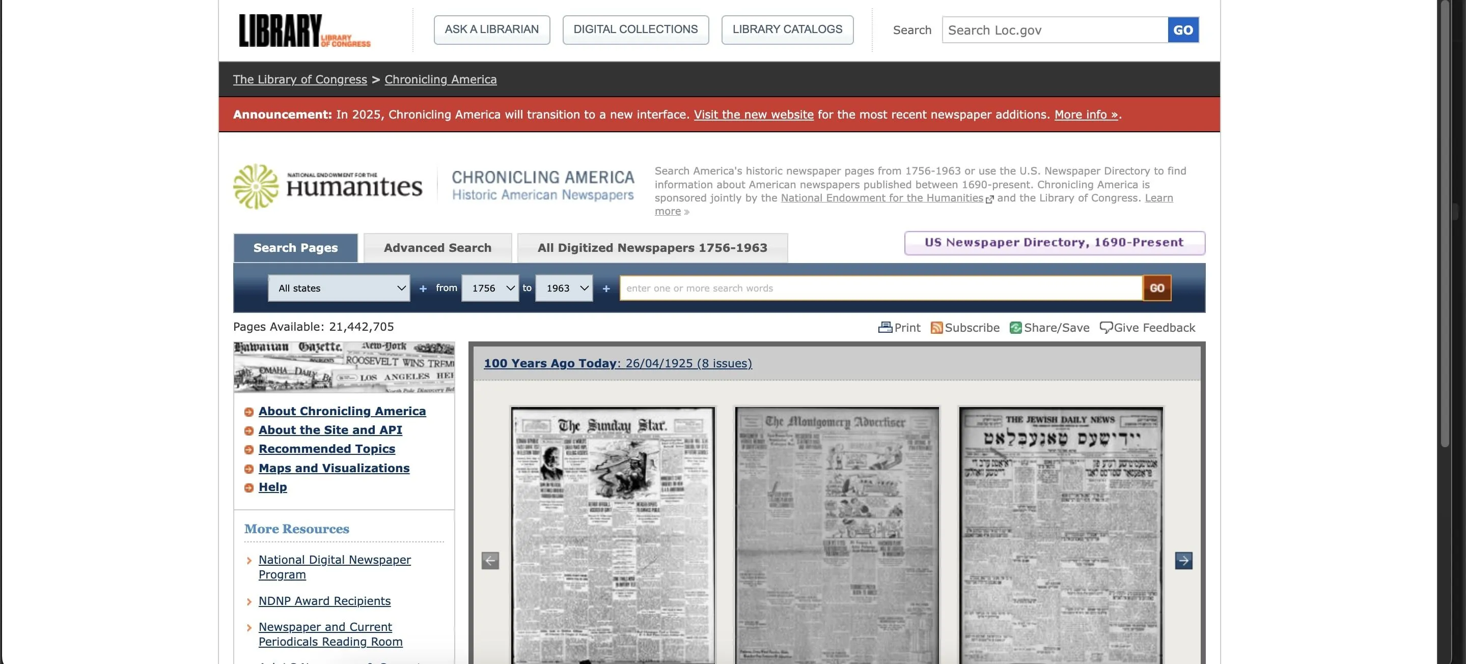 Màn hình trang web Chronicling America hiển thị thông tin lịch sử