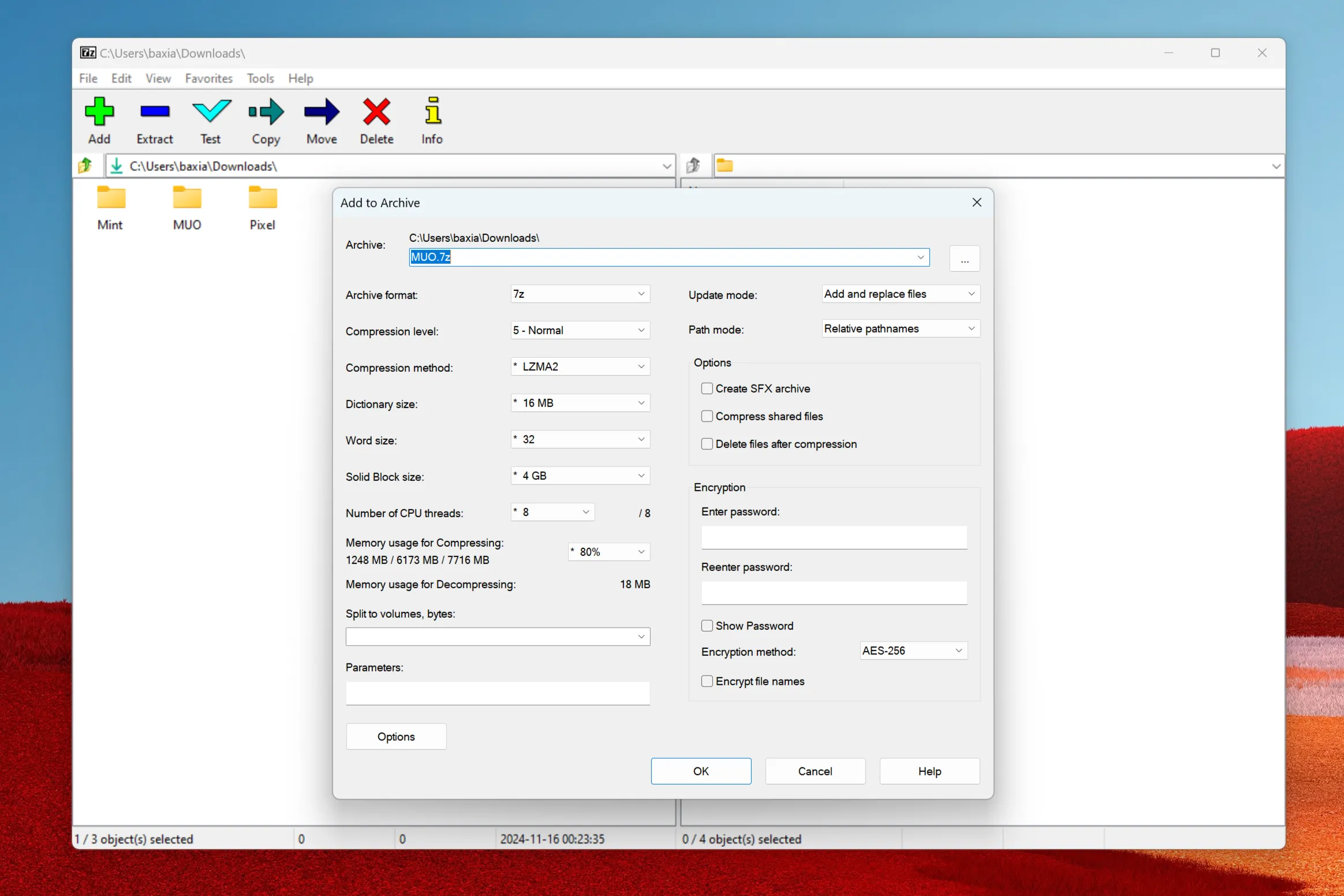 Màn hình tùy chọn tạo file nén 7z trong 7-Zip, hiển thị các cài đặt nâng cao như định dạng nén, mức độ nén và tùy chọn mật khẩu.