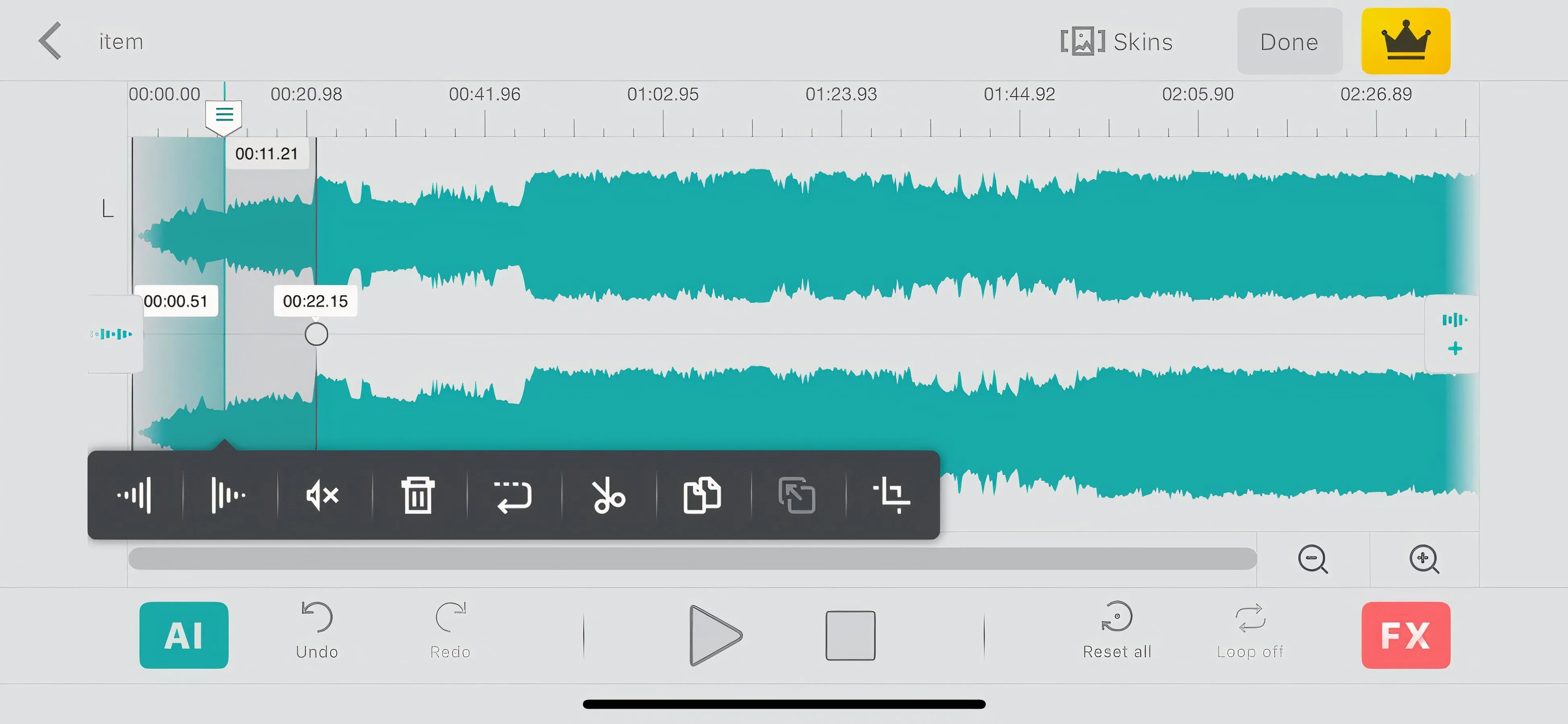Màn hình ứng dụng Audio Editor Tool trên iPhone hiển thị tùy chọn fade in/fade out