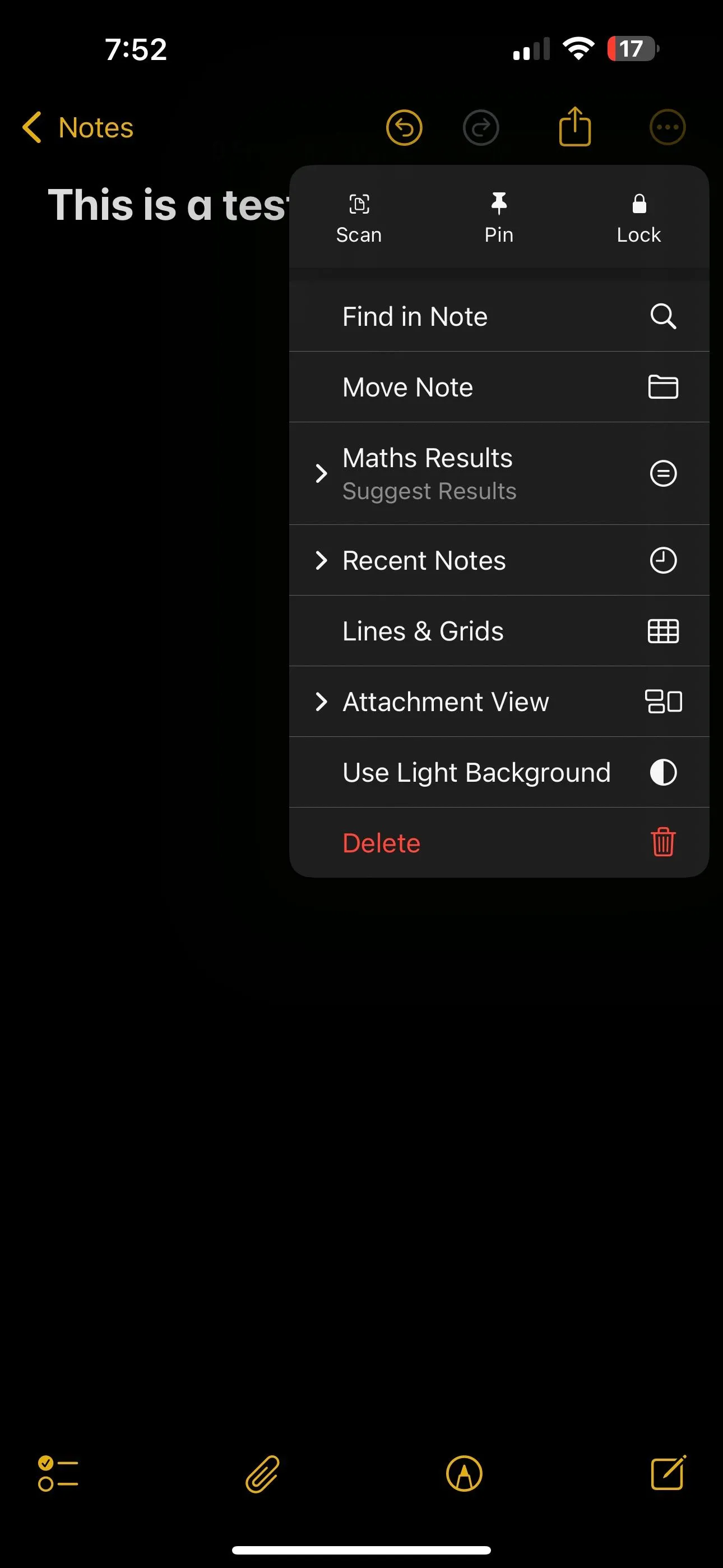 Màn hình ứng dụng Ghi chú trên iPhone hiển thị menu tùy chọn với mục Ghi chú gần đây được chọn.