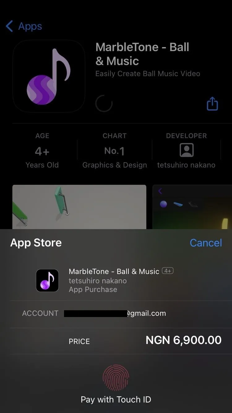 Màn hình xác nhận thanh toán hoặc tải ứng dụng trên App Store, yêu cầu xác thực bằng Touch ID hoặc mật mã.
