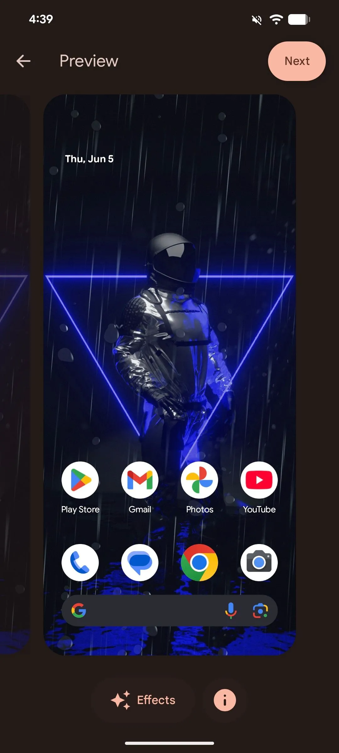 Màn hình xem trước cuối cùng trước khi cài đặt hình nền với hiệu ứng trên Android 16