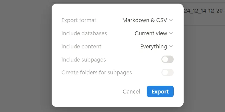 Màn hình xuất trang trong Notion, cho phép lưu trữ dưới dạng PDF, Markdown hoặc HTML