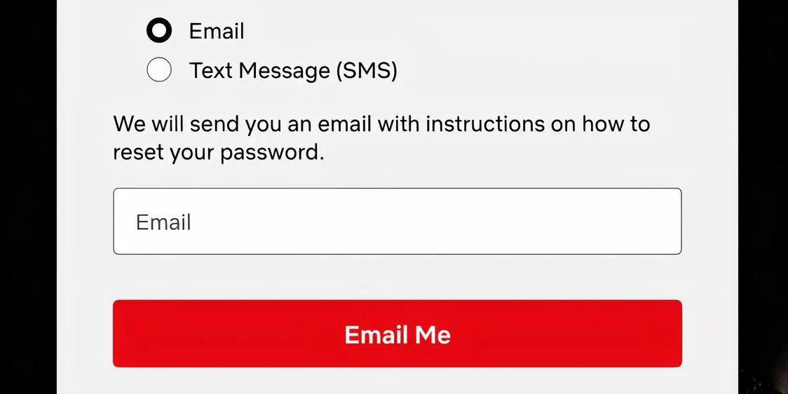 Màn hình yêu cầu nhập email để reset mật khẩu Netflix
