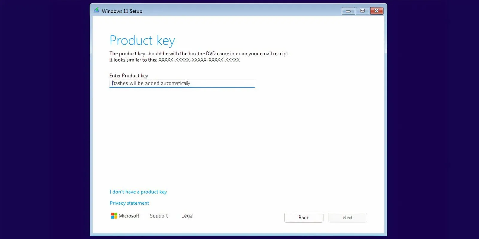 Màn hình yêu cầu nhập khóa sản phẩm trong quá trình cài đặt Windows 11, nơi người dùng có thể chọn &quot;I don’t have a product key&quot;.