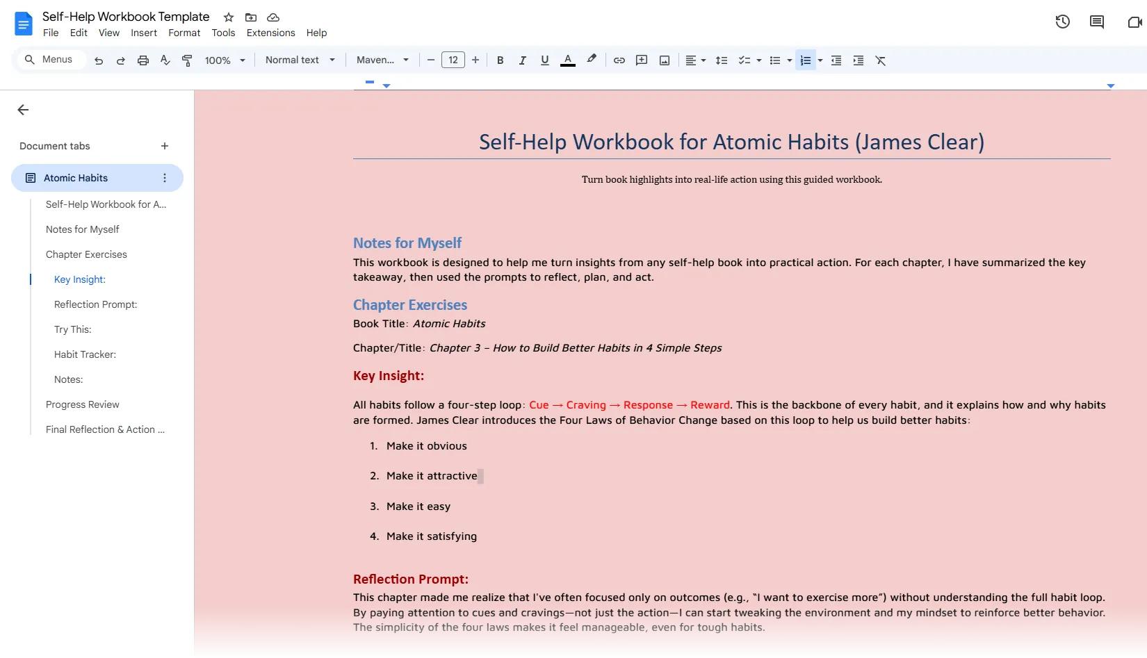 Mẫu bố cục sổ tay thực hành cá nhân tạo trên Google Docs