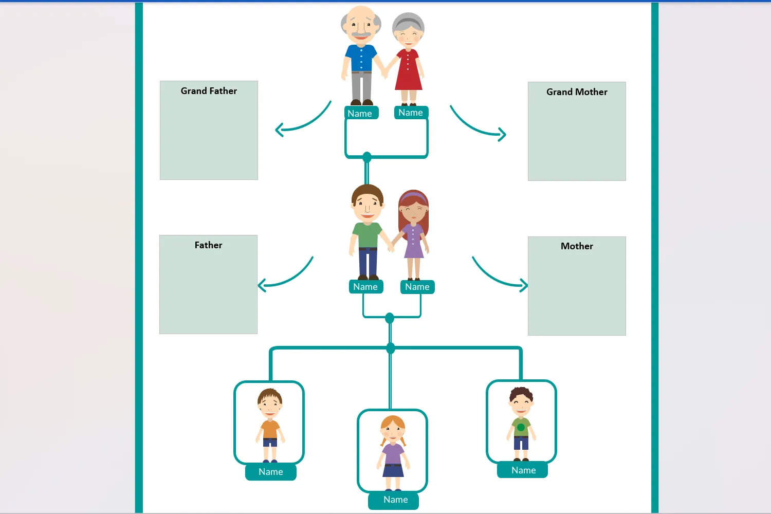 Mẫu cây gia phả chi tiết với hình ảnh hoạt hình ngộ nghĩnh, thiết kế riêng cho trẻ em trong Microsoft Word.