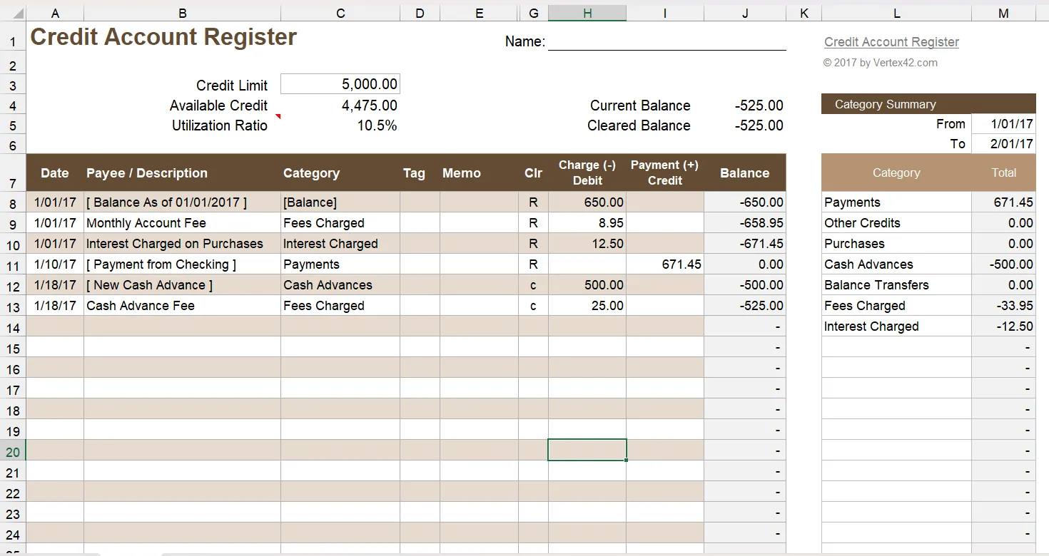 Mẫu Excel theo dõi chi tiết các giao dịch và dư nợ thẻ tín dụng