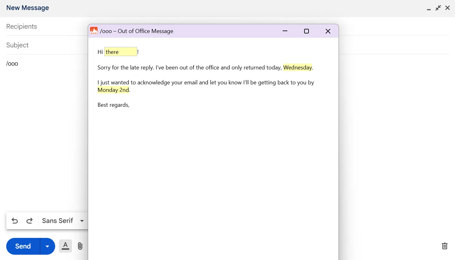 Mẫu trả lời tự động &quot;Ngoài văn phòng&quot; được tạo bằng Text Blaze trong Gmail