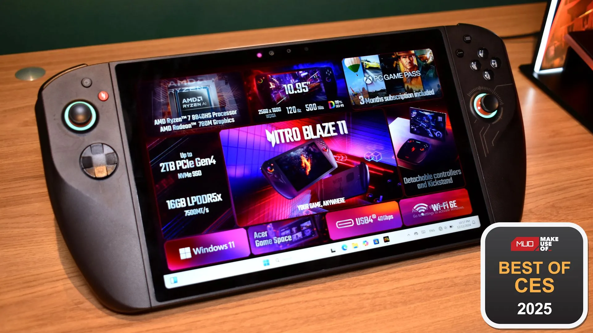 Máy chơi game cầm tay Acer Nitro Blaze 11 hiển thị màn hình rộng và tay cầm có thể tháo rời, làm nổi bật tính linh hoạt