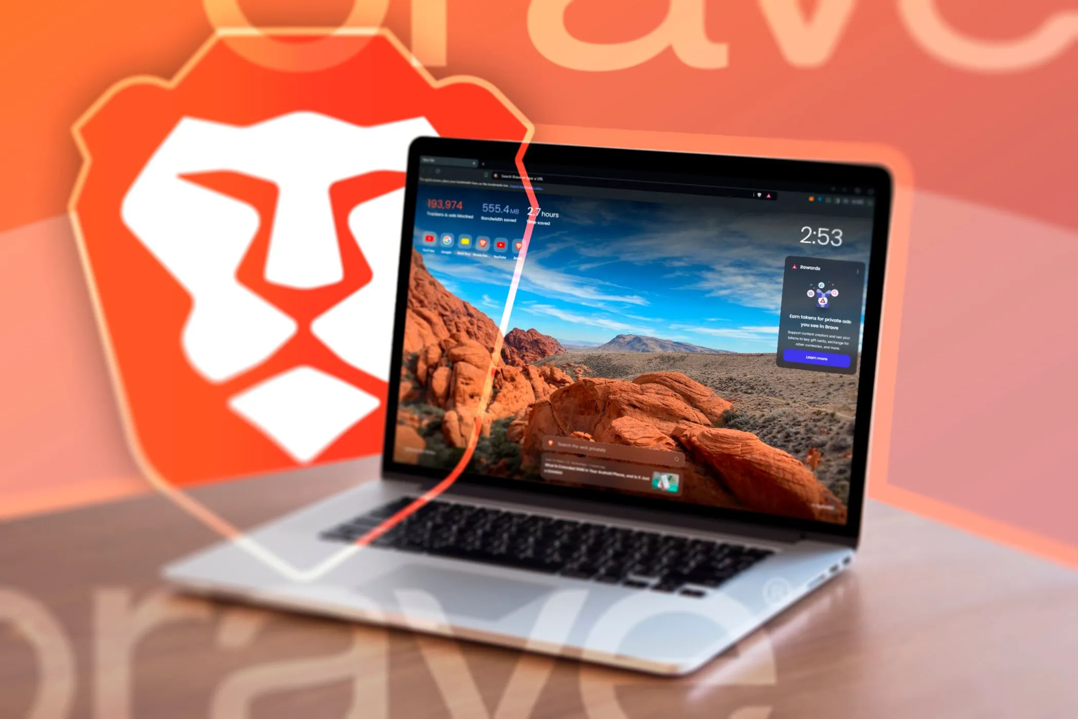 Máy tính xách tay hiển thị trình duyệt Brave đang mở với logo Brave ở nền