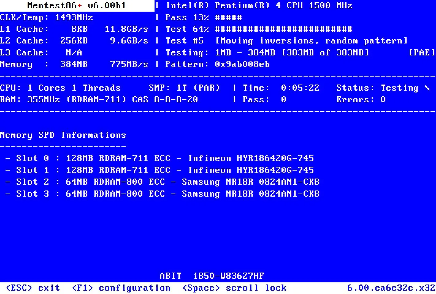 MemTest86 đang hiển thị quá trình kiểm tra bộ nhớ RAM