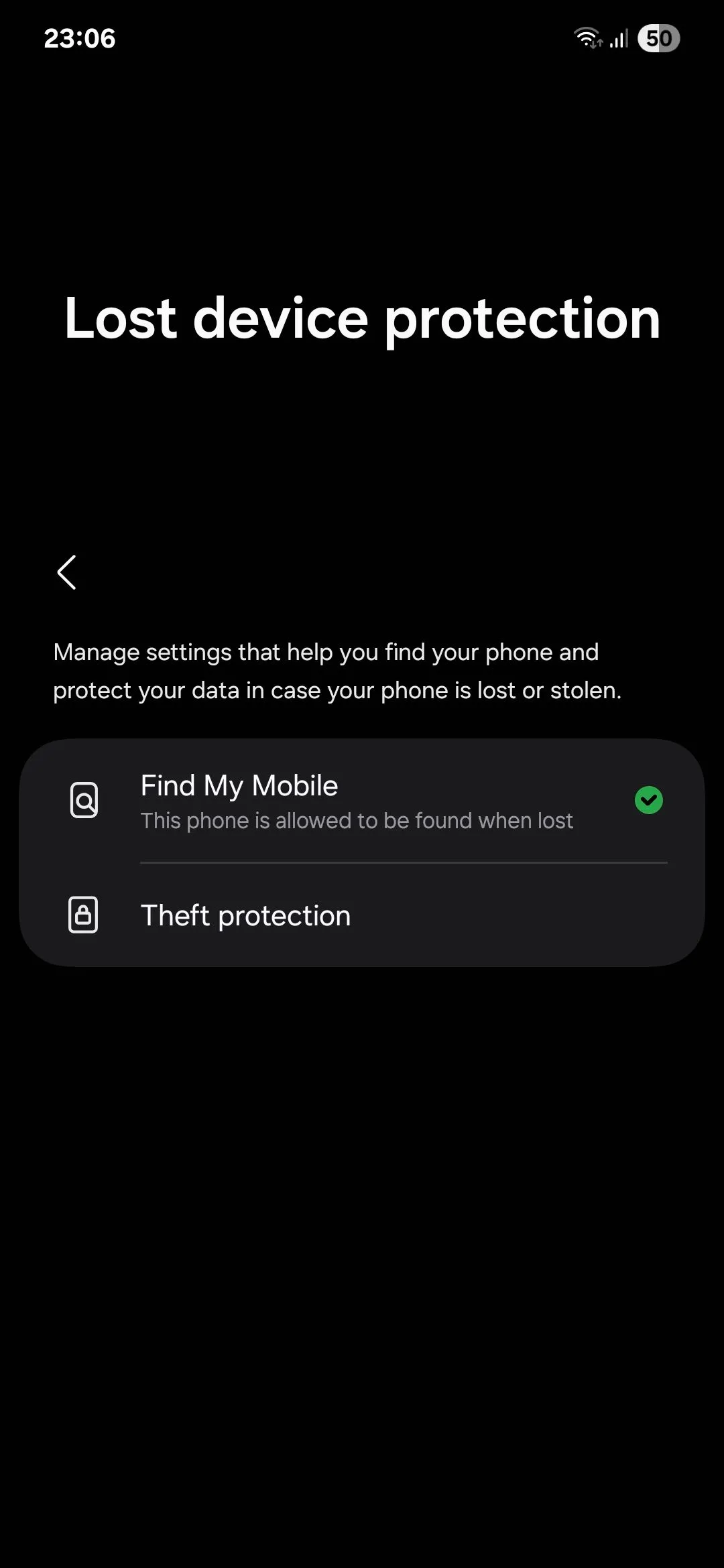 Menu bảo vệ thiết bị thất lạc trong cài đặt bảo mật Samsung