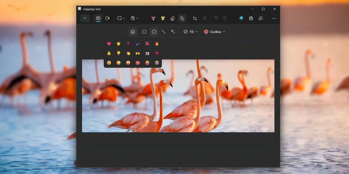 Menu biểu tượng cảm xúc (emoji) trong tùy chọn Hình dạng của Snipping Tool Windows 11, cho phép người dùng thêm emoji vào ảnh chụp màn hình