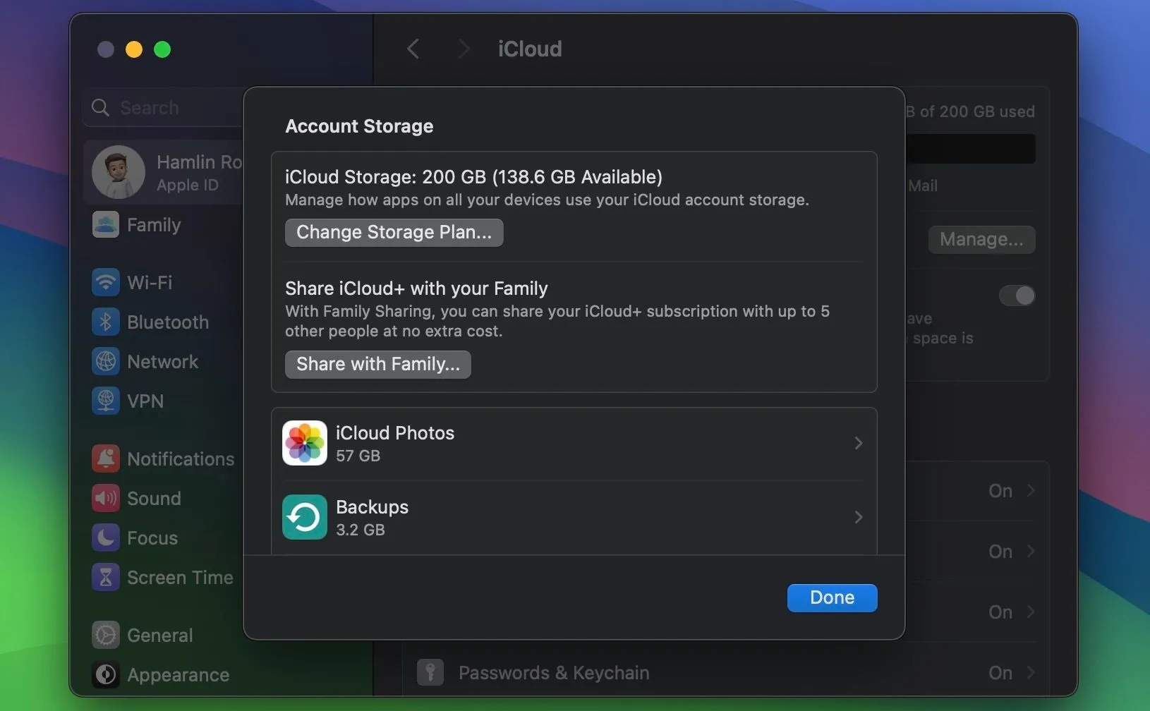 Menu cài đặt bộ nhớ tài khoản iCloud trên macOS