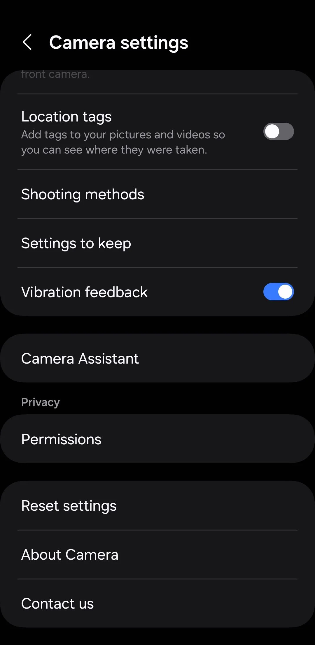 Menu cài đặt Camera Assistant trong ứng dụng camera trên điện thoại Samsung
