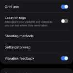 menu cài đặt camera trên điện thoại samsung