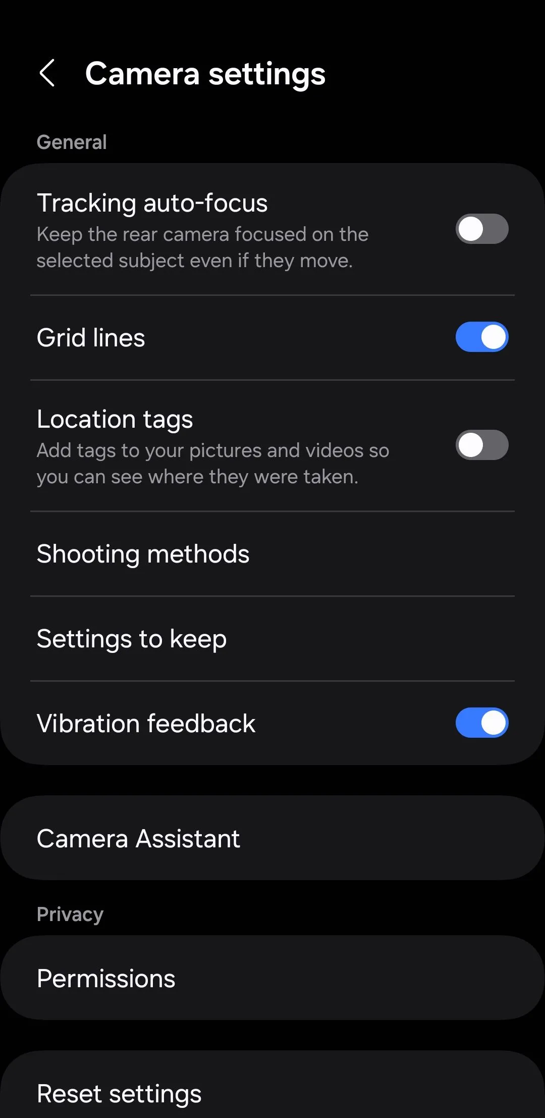 menu cài đặt camera trên điện thoại samsung