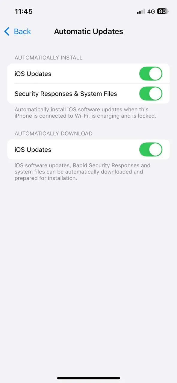 Menu cài đặt cập nhật phần mềm tự động trên iPhone