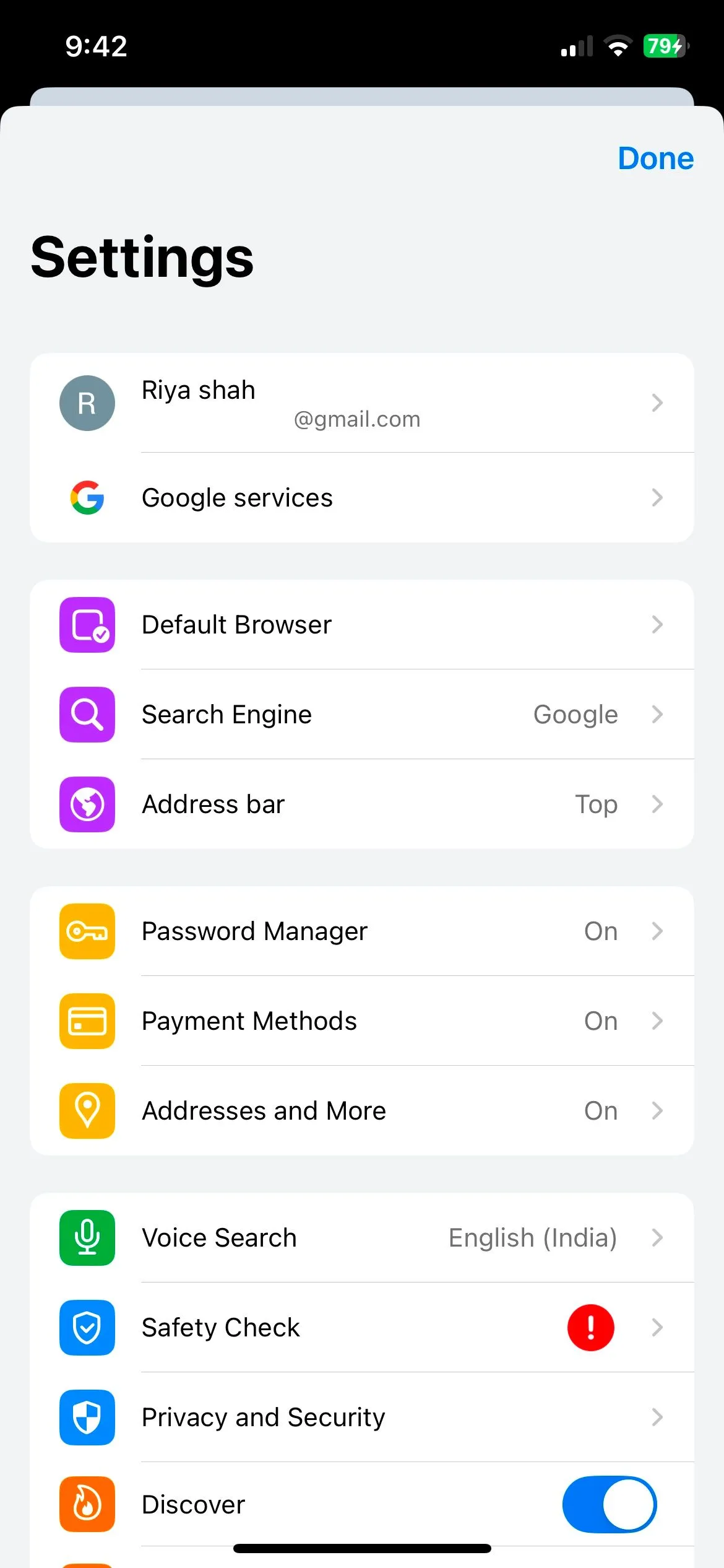 Menu cài đặt của Chrome trên iOS, hiển thị các tùy chọn quản lý mật khẩu