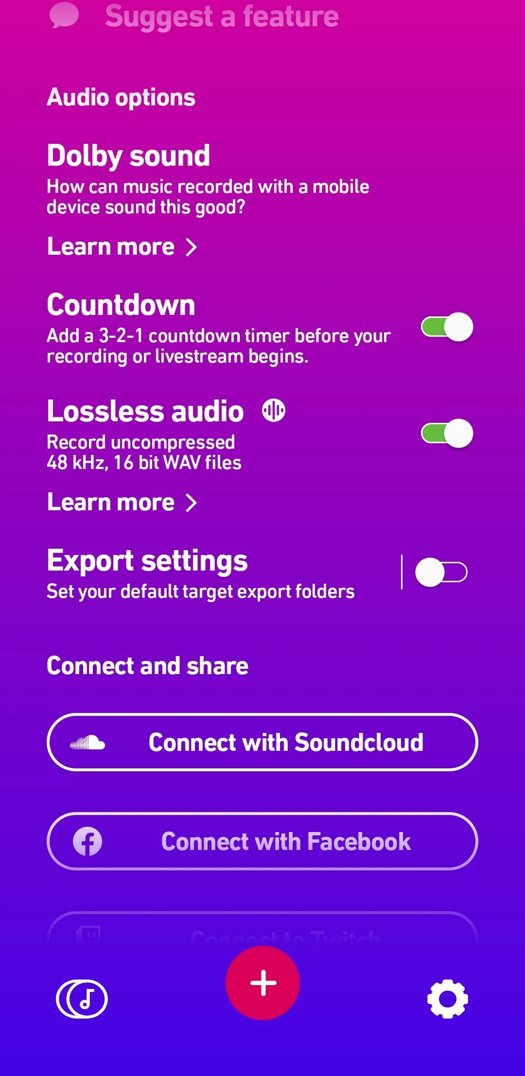 Menu cài đặt của ứng dụng Dolby On với tùy chọn đếm ngược