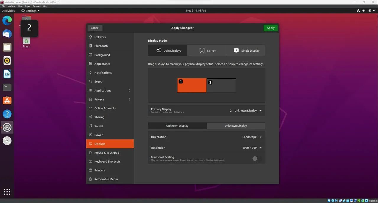 Menu cài đặt đa màn hình Linux