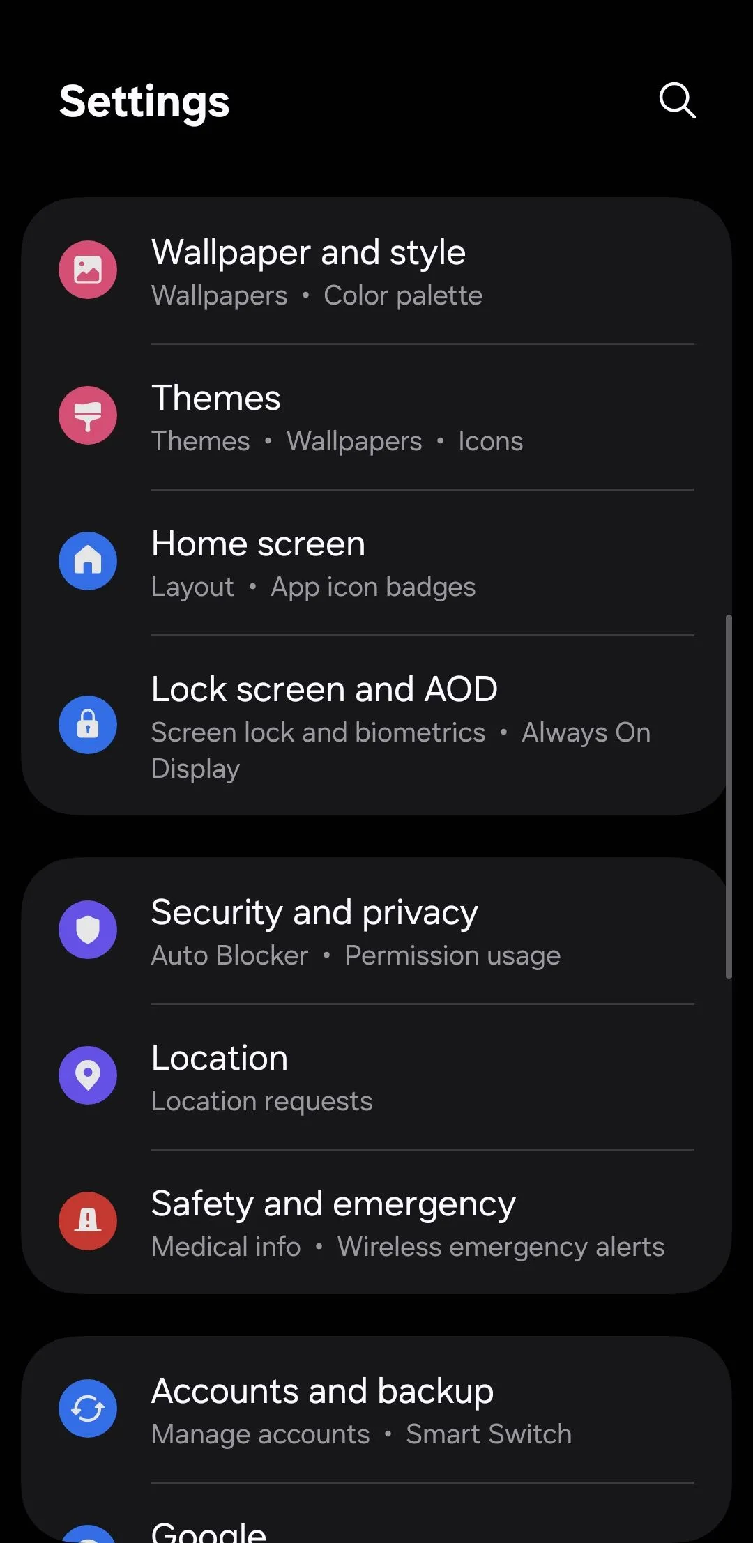 Menu cài đặt điện thoại Android, truy cập để cấu hình bảo mật