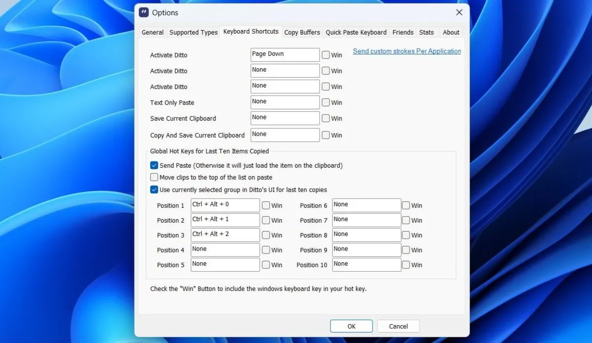 Menu cài đặt Ditto Clipboard hiển thị tab phím tắt, cho phép tùy chỉnh các tổ hợp phím.