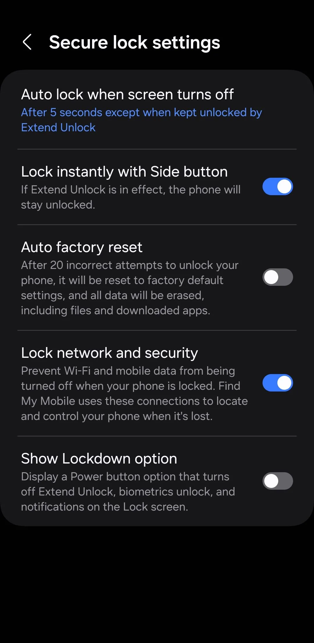 Menu cài đặt khóa bảo mật trên Android
