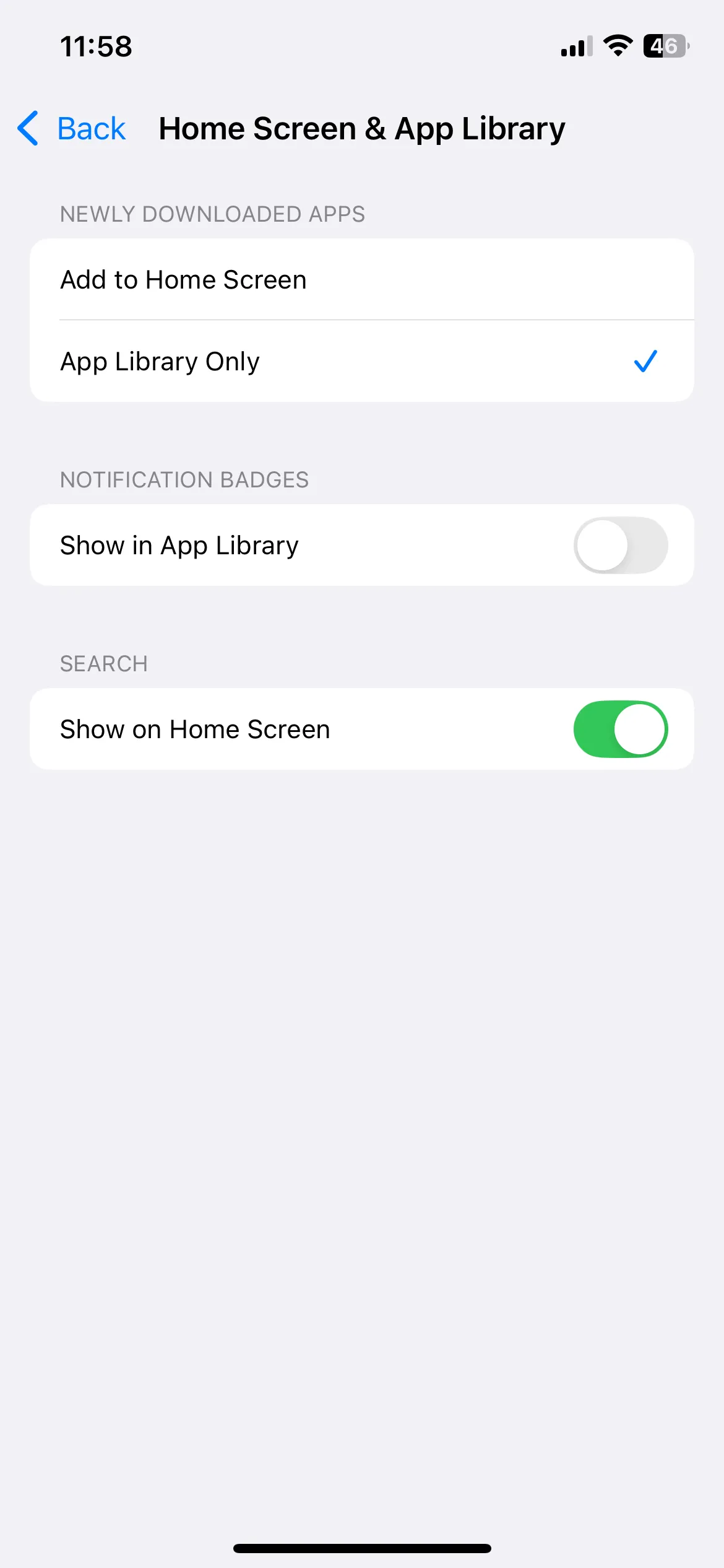Menu cài đặt màn hình chính iPhone, chọn 'Chỉ Thư viện ứng dụng' cho các ứng dụng mới tải về.