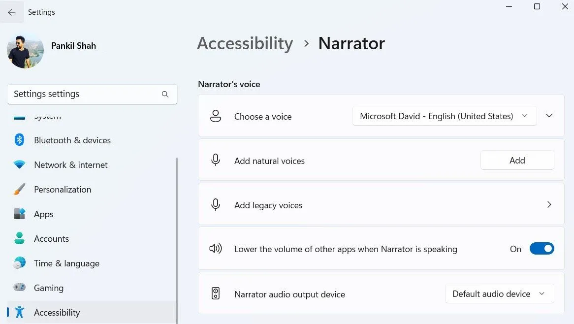Menu cài đặt Narrator (Trình tường thuật) trong ứng dụng Cài đặt (Settings) của Windows 11