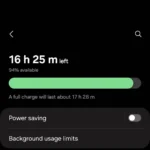 Menu cài đặt Pin trên điện thoại Samsung, hiển thị mục Giới hạn sử dụng trong nền