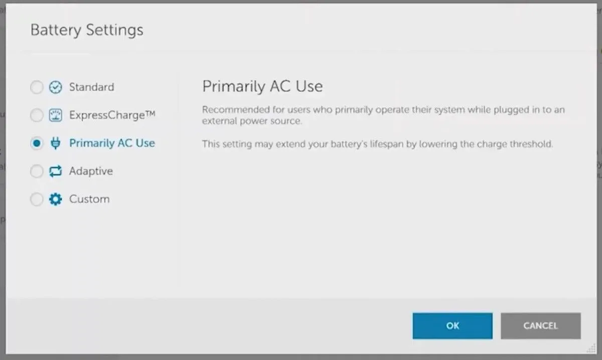 Menu cài đặt pin trong Dell Power Manager