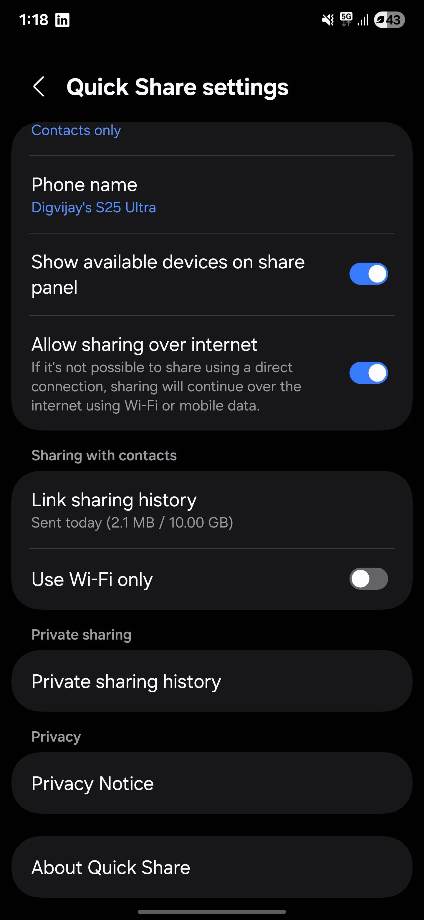 Menu cài đặt Quick Share trên điện thoại Samsung hiển thị tùy chọn chia sẻ riêng tư