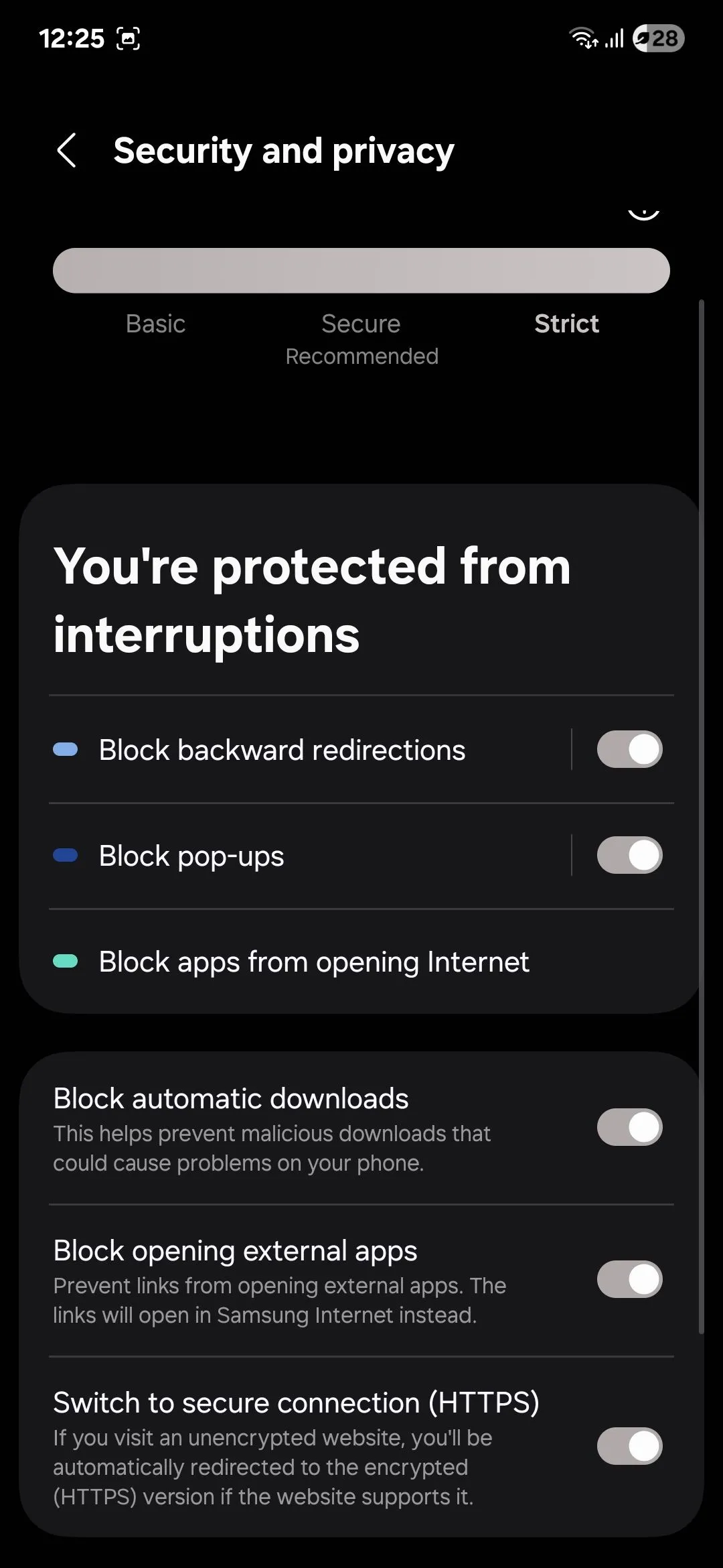 Menu cài đặt quyền riêng tư của Samsung Internet với chế độ bí mật