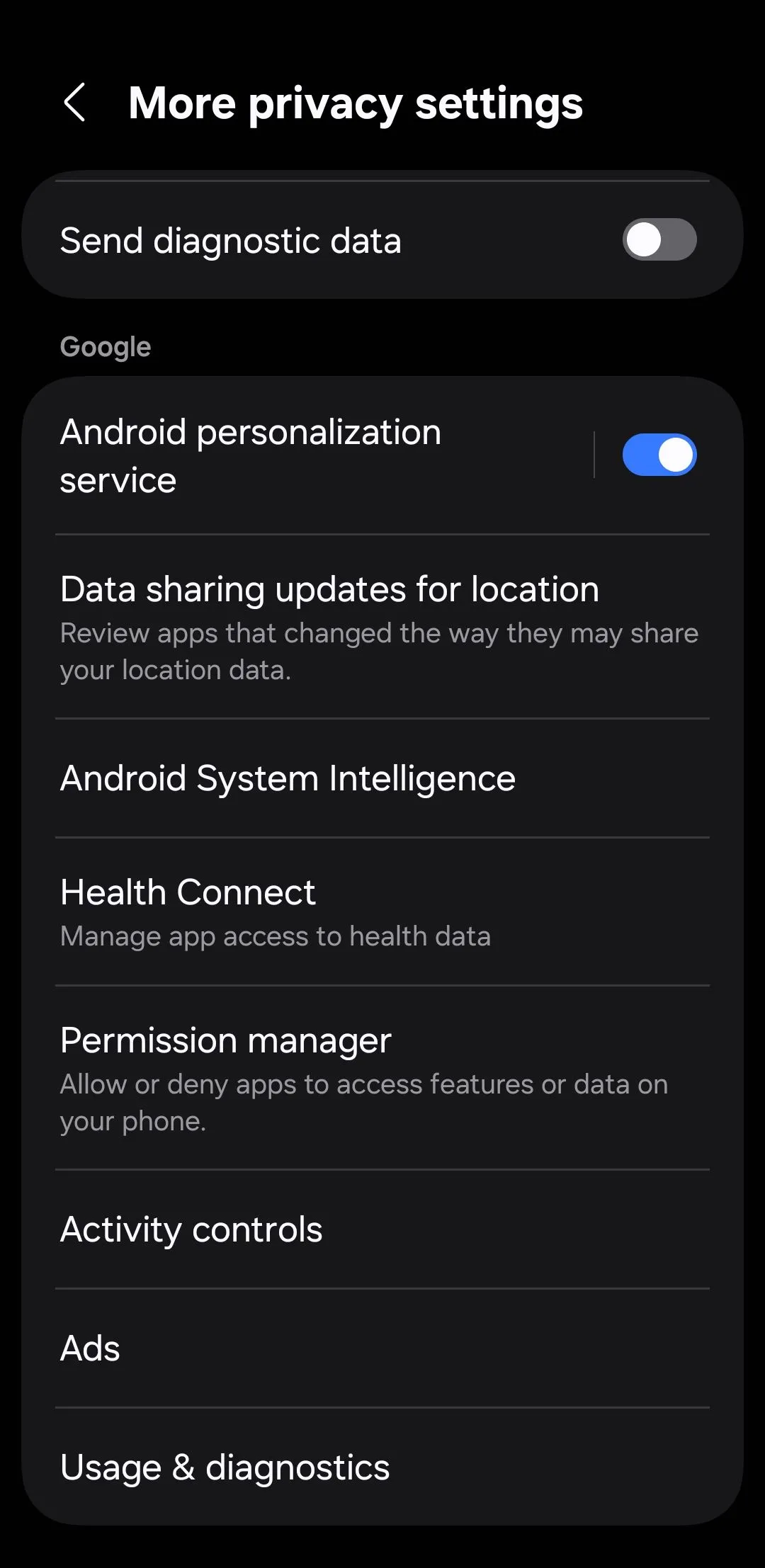 Menu cài đặt quyền riêng tư trên điện thoại Android, nơi người dùng có thể điều chỉnh các tùy chọn liên quan đến quảng cáo và dữ liệu cá nhân