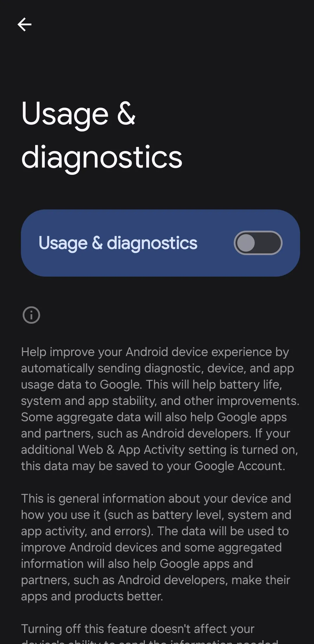 Menu cài đặt sử dụng và chẩn đoán trên điện thoại Android, cho phép người dùng tắt tính năng gửi dữ liệu sử dụng cho Google