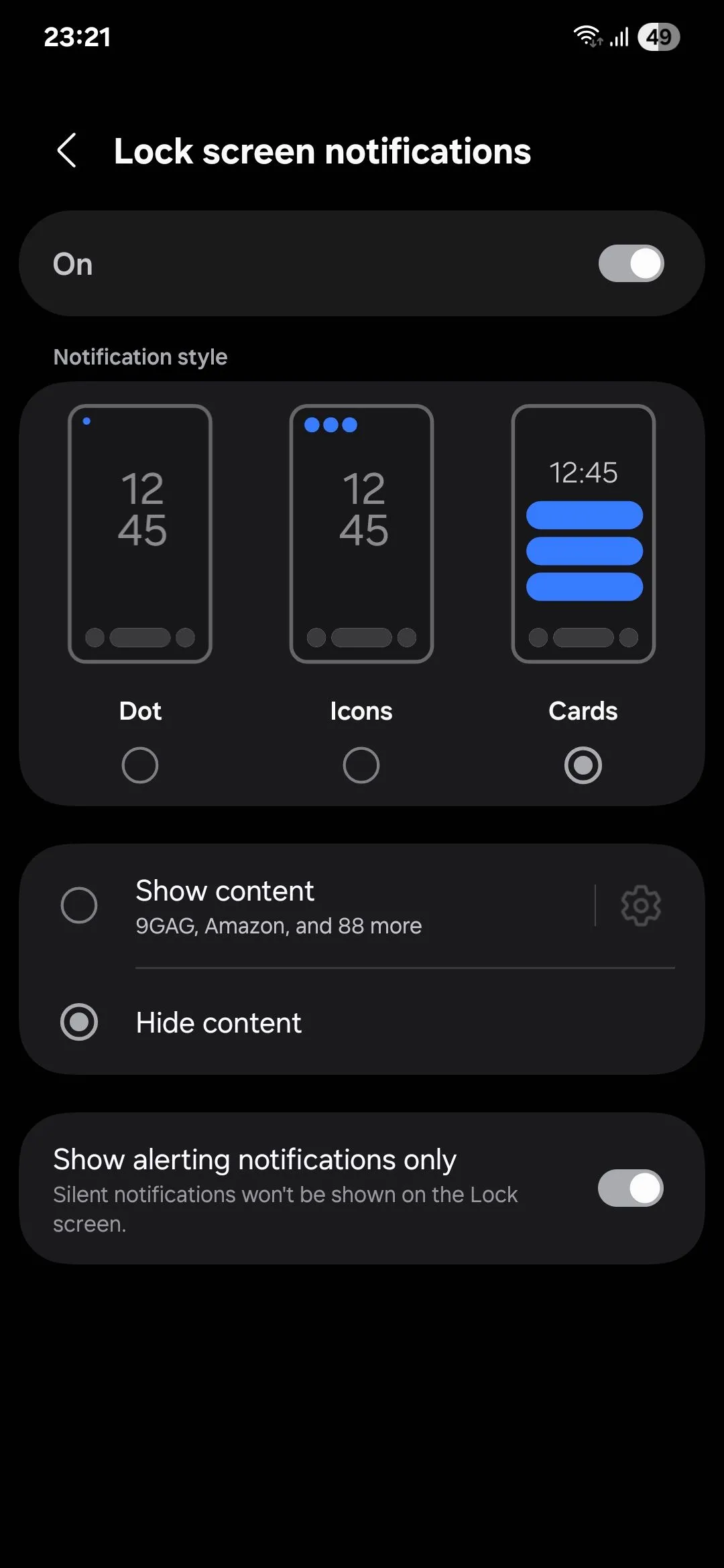 Menu cài đặt thông báo màn hình khóa trên Android