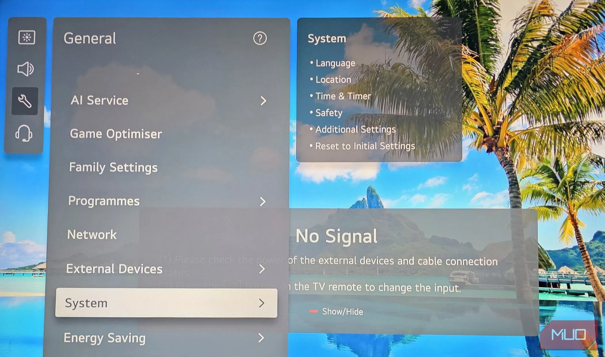 Menu cài đặt tổng quát trên TV thông minh LG, minh họa các tùy chọn cài đặt quyền riêng tư.
