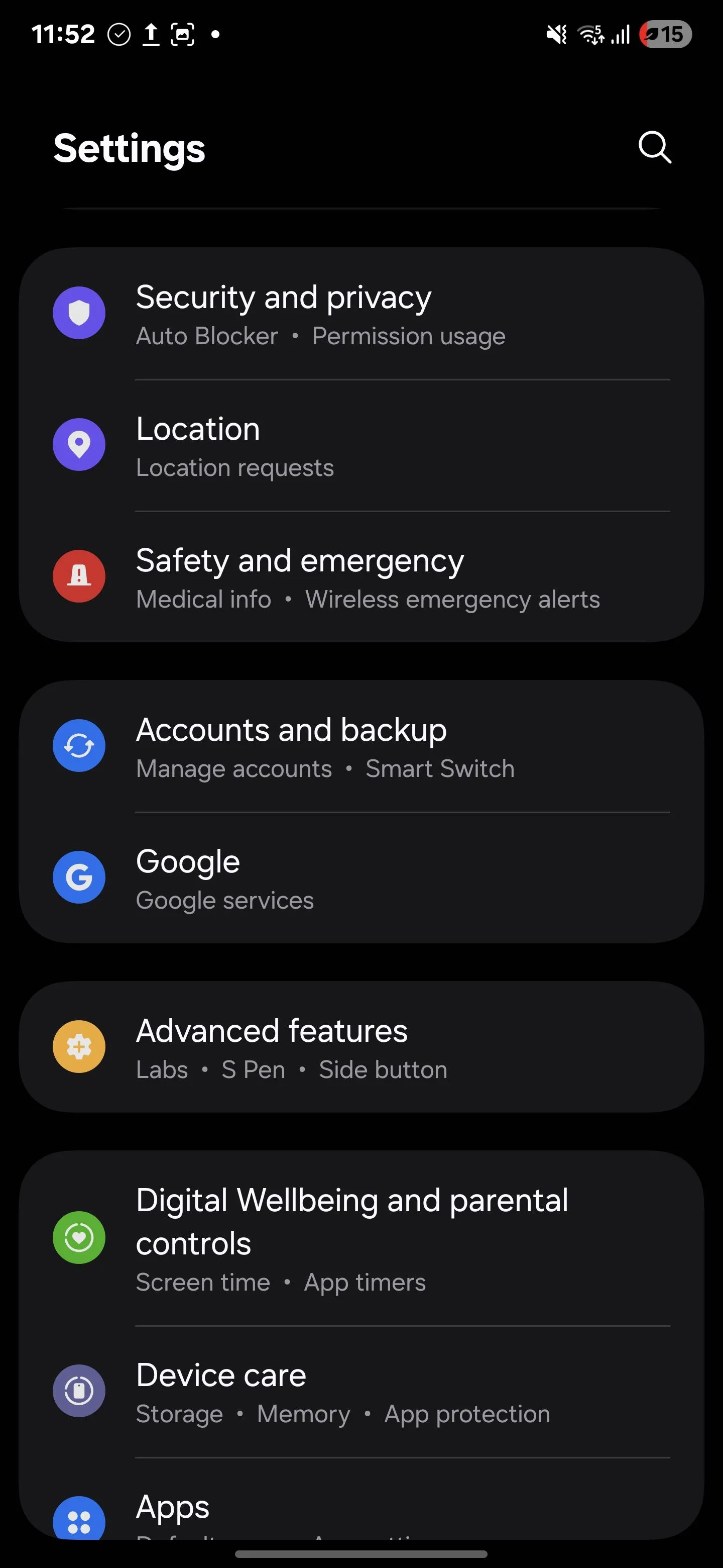 Menu Cài đặt trên điện thoại Samsung Android